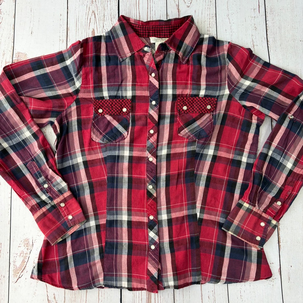 Active Basic Womens Red Navy Plaid Snap Front Western Flannel Shirt Large
